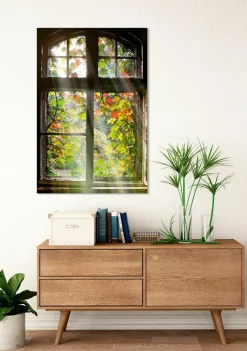 Discount Glasbild FENSTER MIT LAUB Glasbilder